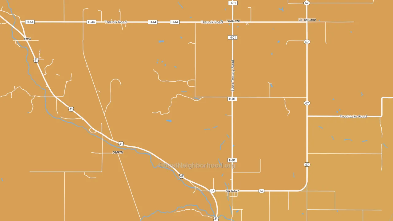 Map of the best neighborhoods in the 49891 area, with better matches in green and worse matches in red