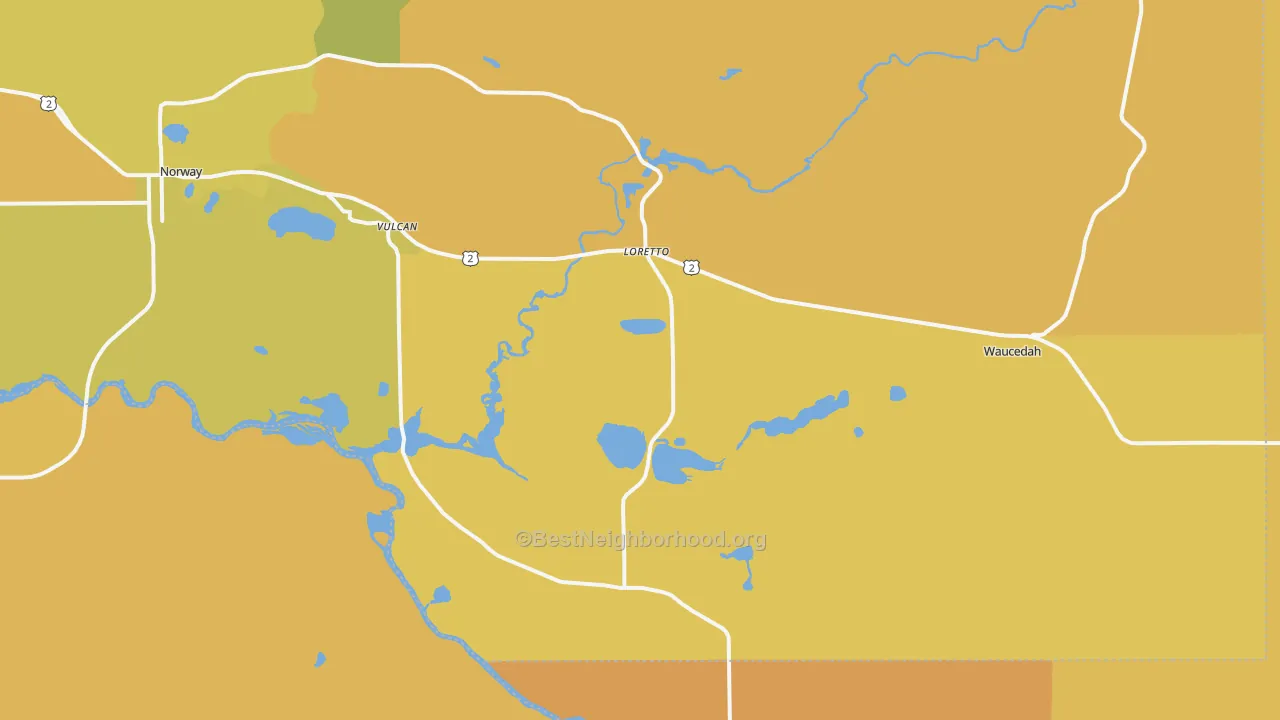 Map of the best neighborhoods in the 49892 area, with better matches in green and worse matches in red
