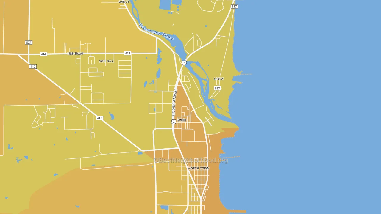 Map of the best neighborhoods in the 49894 area, with better matches in green and worse matches in red
