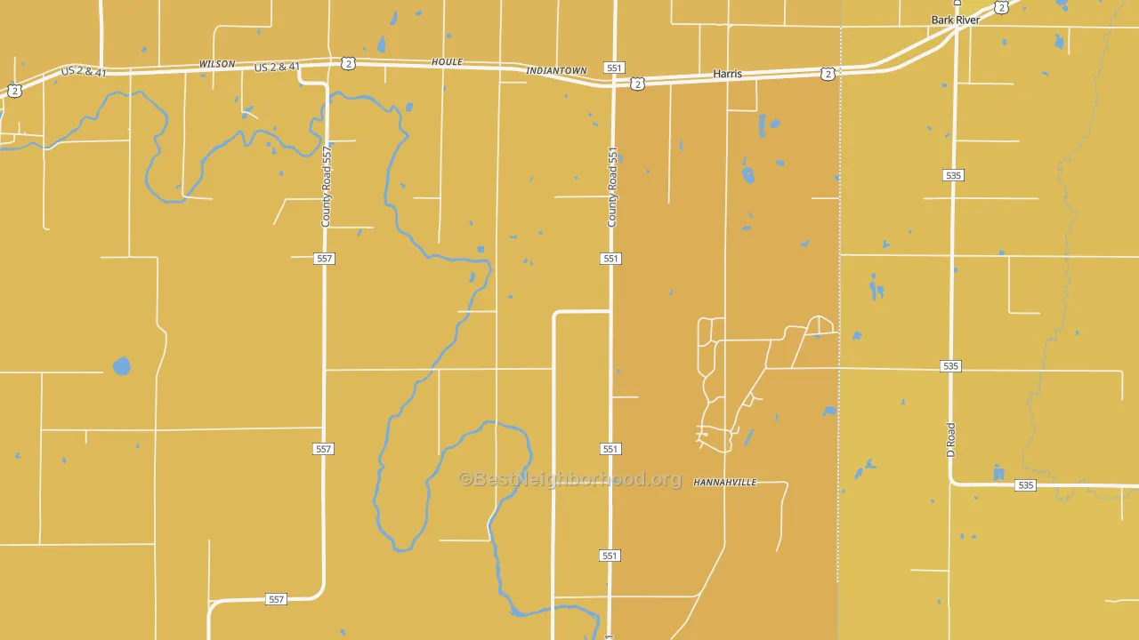 Map of the best neighborhoods in the 49896 area, with better matches in green and worse matches in red