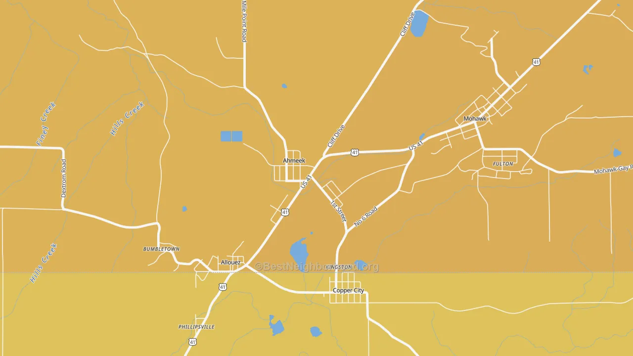 Map of the best neighborhoods in the 49901 area, with better matches in green and worse matches in red