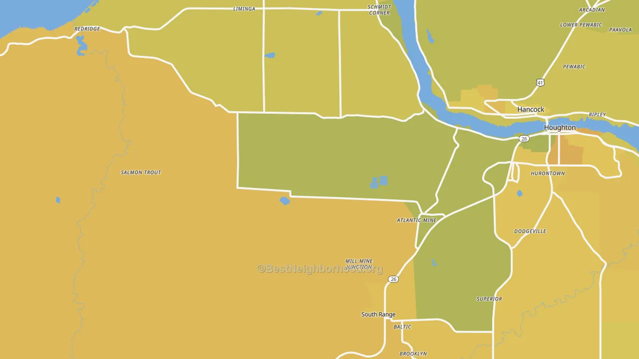 Map of the best neighborhoods in the 49905 area, with better matches in green and worse matches in red
