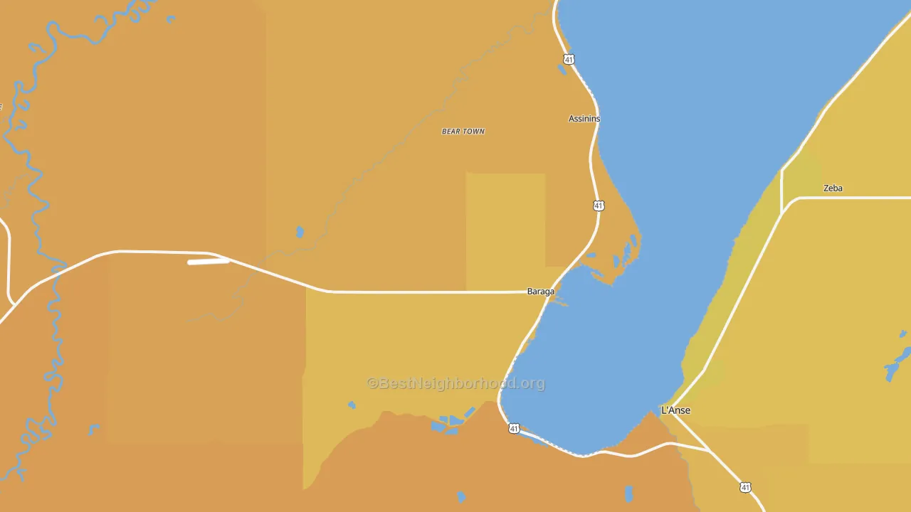 Map of the best neighborhoods in the 49908 area, with better matches in green and worse matches in red