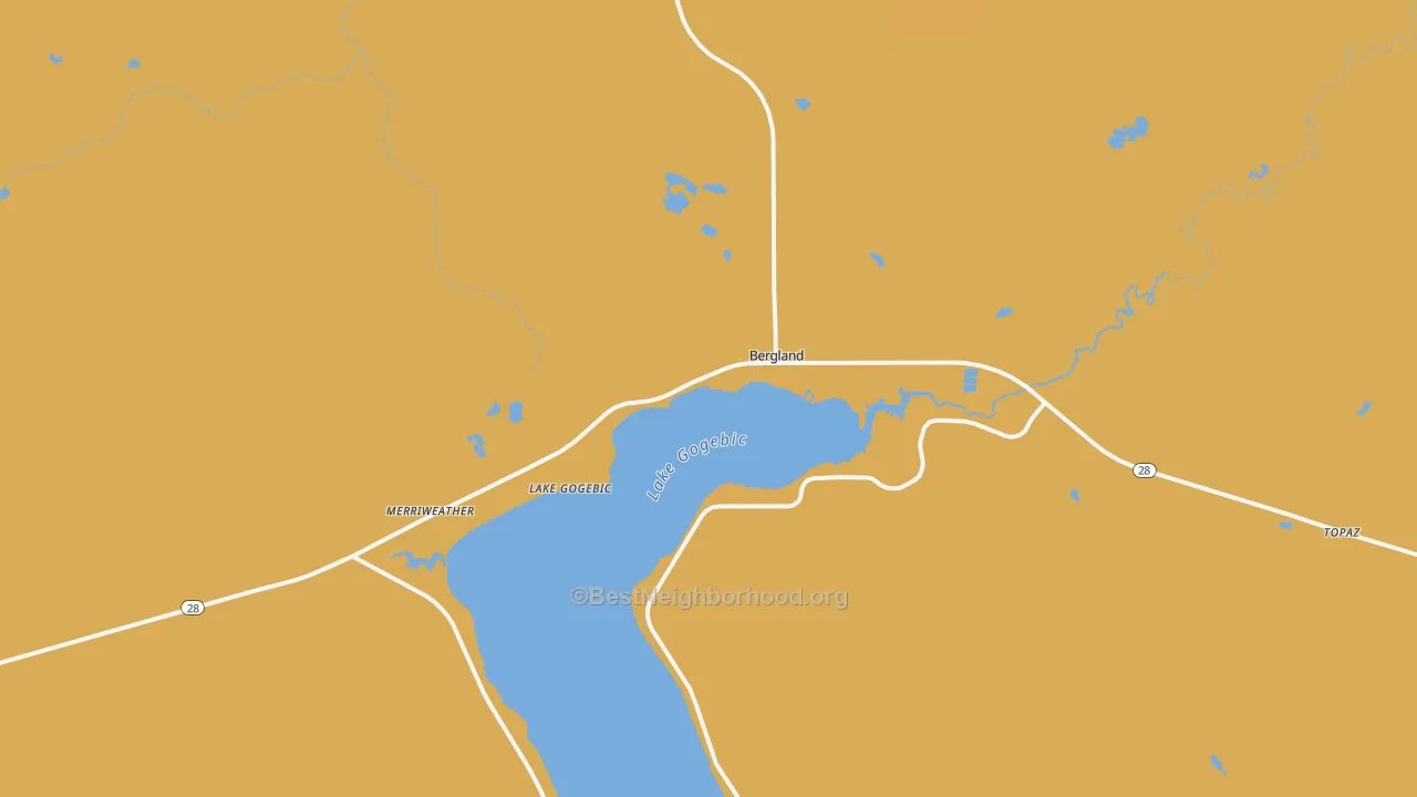 Map of the best neighborhoods in the 49910 area, with better matches in green and worse matches in red