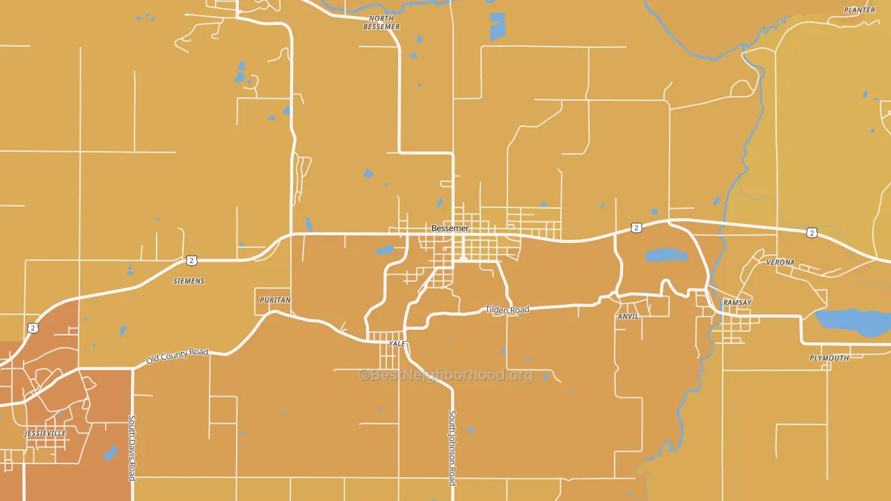 Map of the best neighborhoods in the 49911 area, with better matches in green and worse matches in red