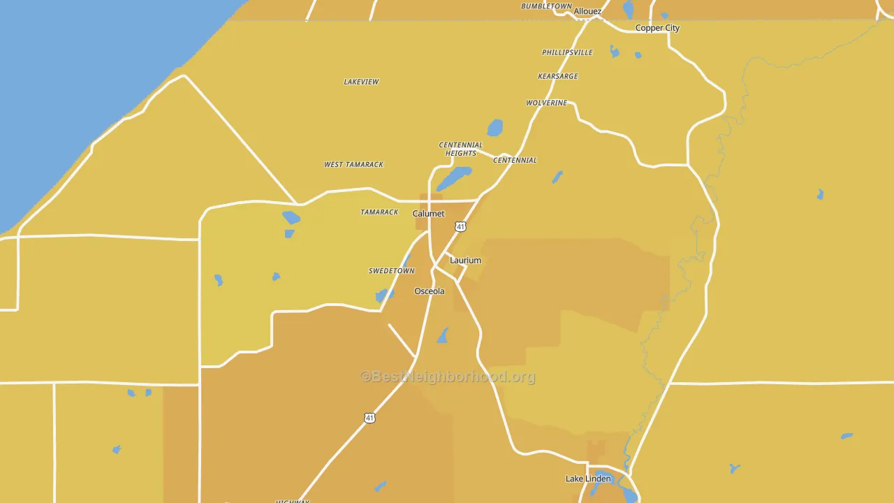 Map of the best neighborhoods in the 49913 area, with better matches in green and worse matches in red