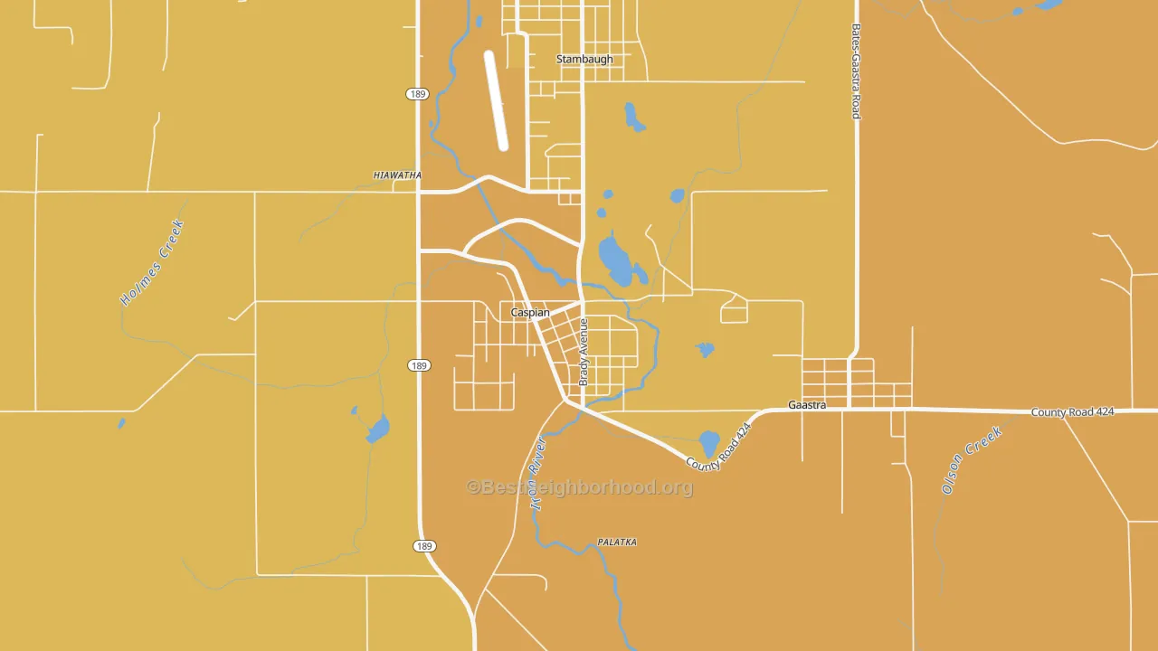 Map of the best neighborhoods in the 49915 area, with better matches in green and worse matches in red