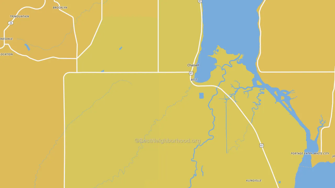Map of the best neighborhoods in the 49916 area, with better matches in green and worse matches in red