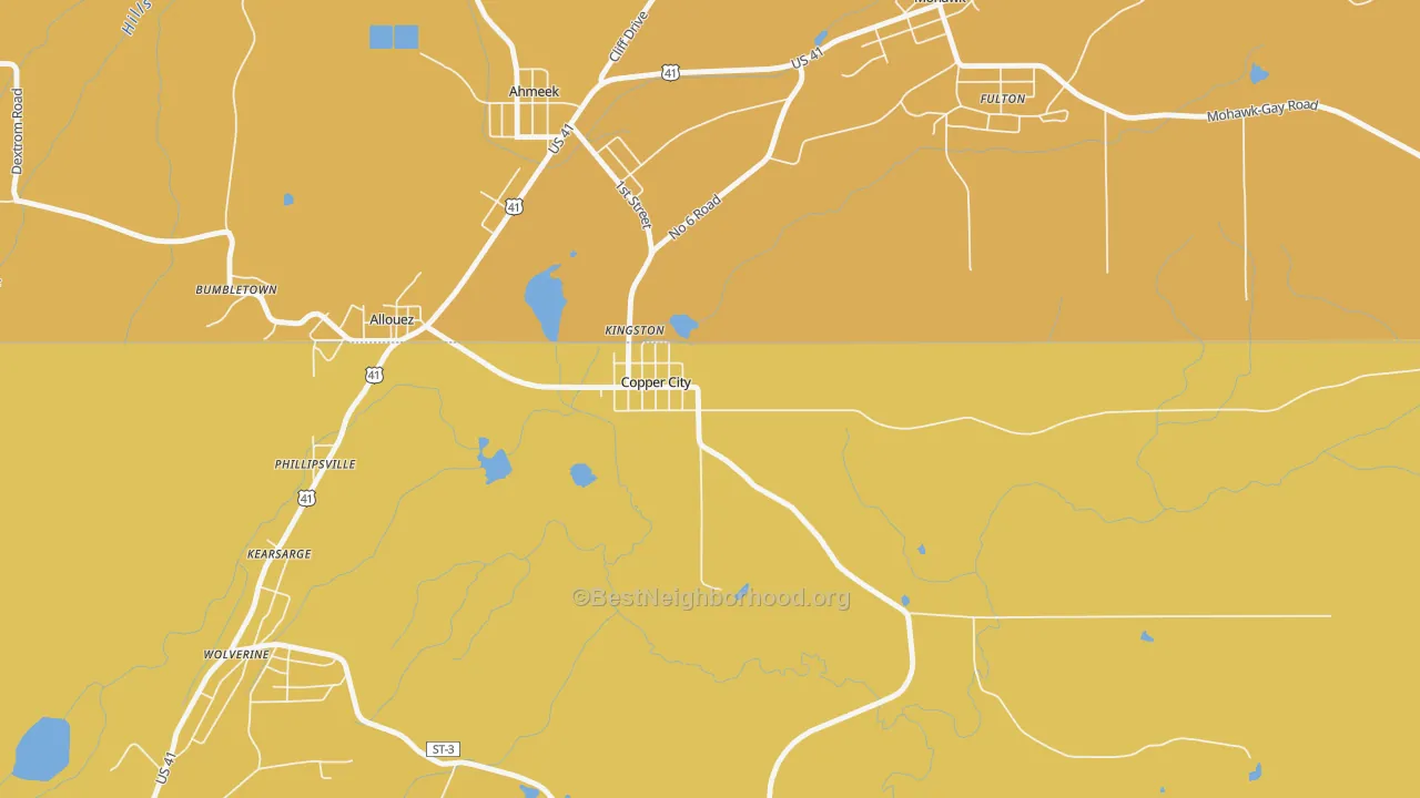 Map of the best neighborhoods in the 49917 area, with better matches in green and worse matches in red