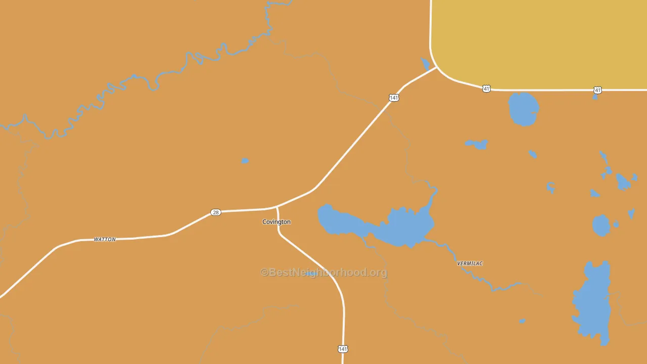 Map of the best neighborhoods in the 49919 area, with better matches in green and worse matches in red