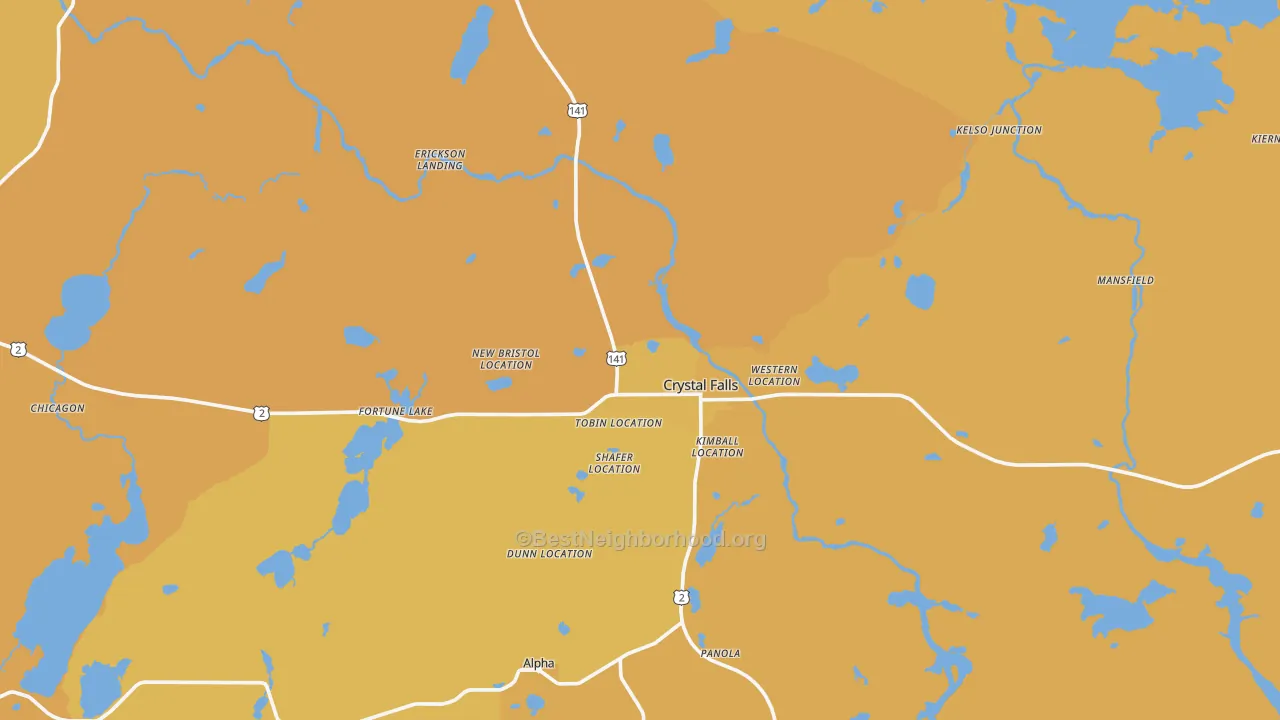 Map of the best neighborhoods in the 49920 area, with better matches in green and worse matches in red
