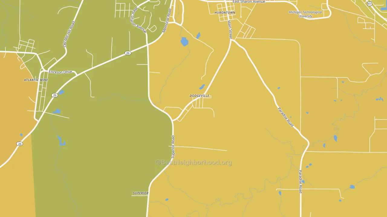 Map of the best neighborhoods in the 49921 area, with better matches in green and worse matches in red