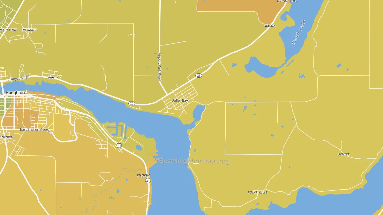 Map of the best neighborhoods in the 49922 area, with better matches in green and worse matches in red