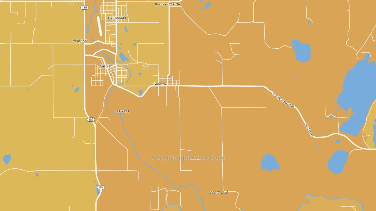 Map of the best neighborhoods in the 49927 area, with better matches in green and worse matches in red