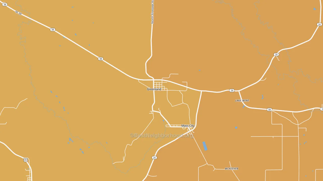 Map of the best neighborhoods in the 49929 area, with better matches in green and worse matches in red