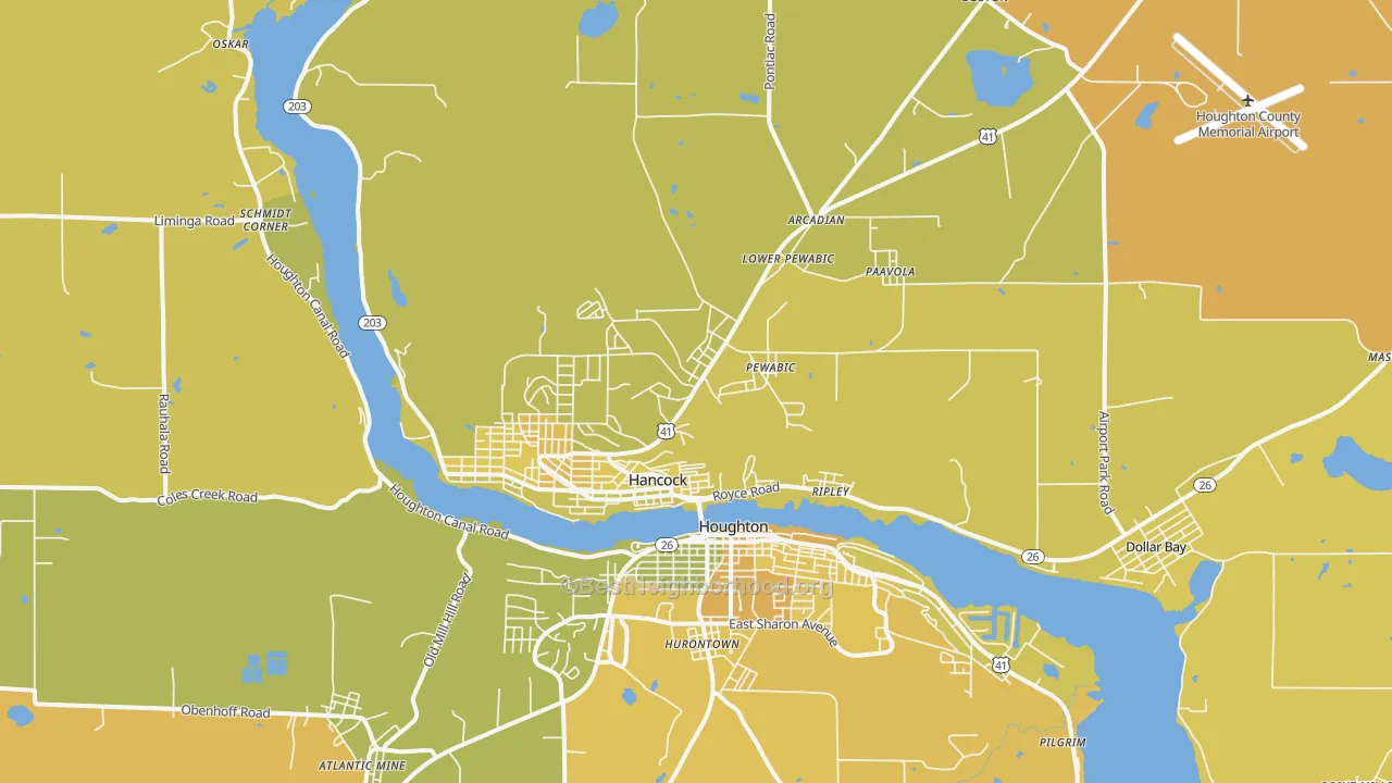 Map of the best neighborhoods in the 49930 area, with better matches in green and worse matches in red