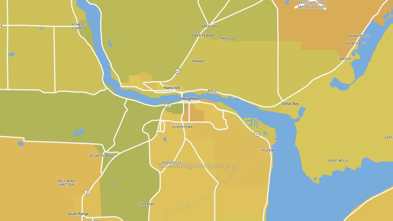 Map of the best neighborhoods in the 49931 area, with better matches in green and worse matches in red