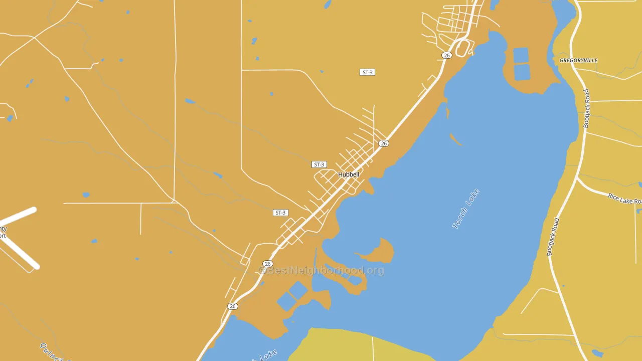 Map of the best neighborhoods in the 49934 area, with better matches in green and worse matches in red