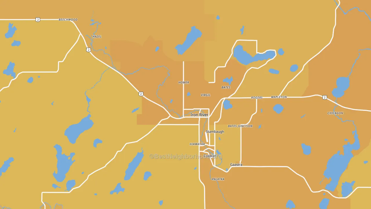 Map of the best neighborhoods in the 49935 area, with better matches in green and worse matches in red