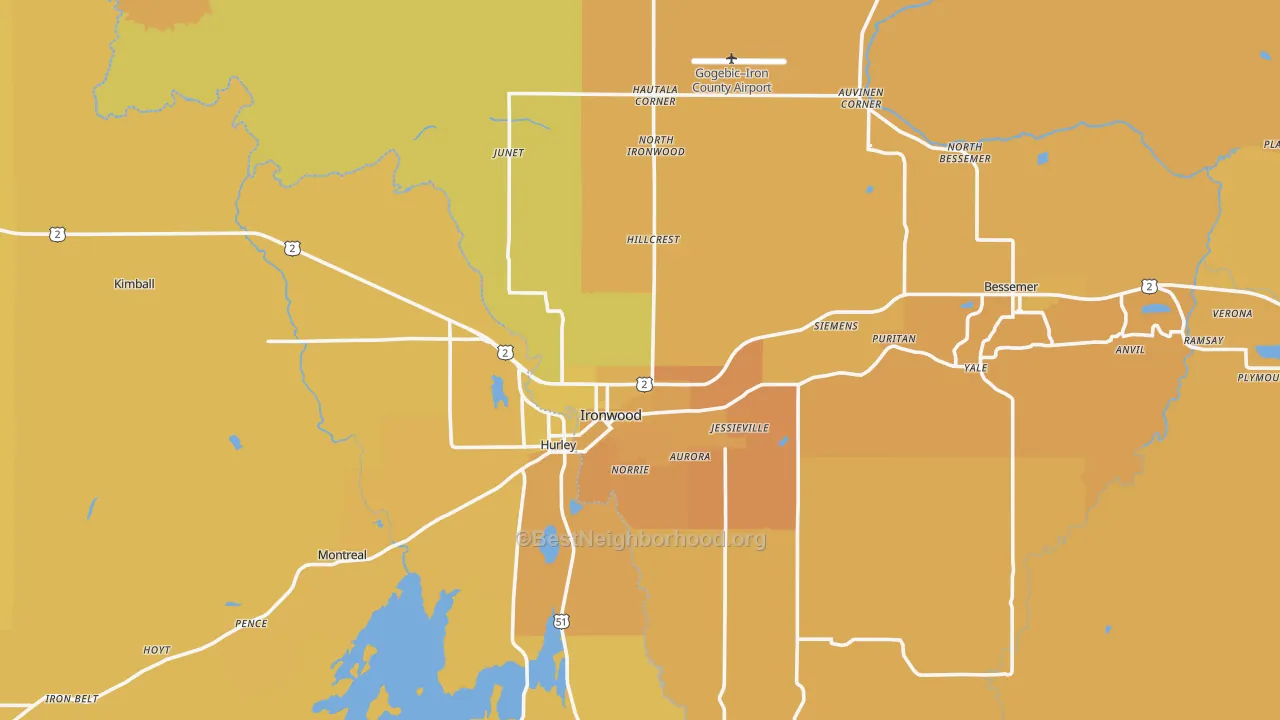 Map of the best neighborhoods in the 49938 area, with better matches in green and worse matches in red