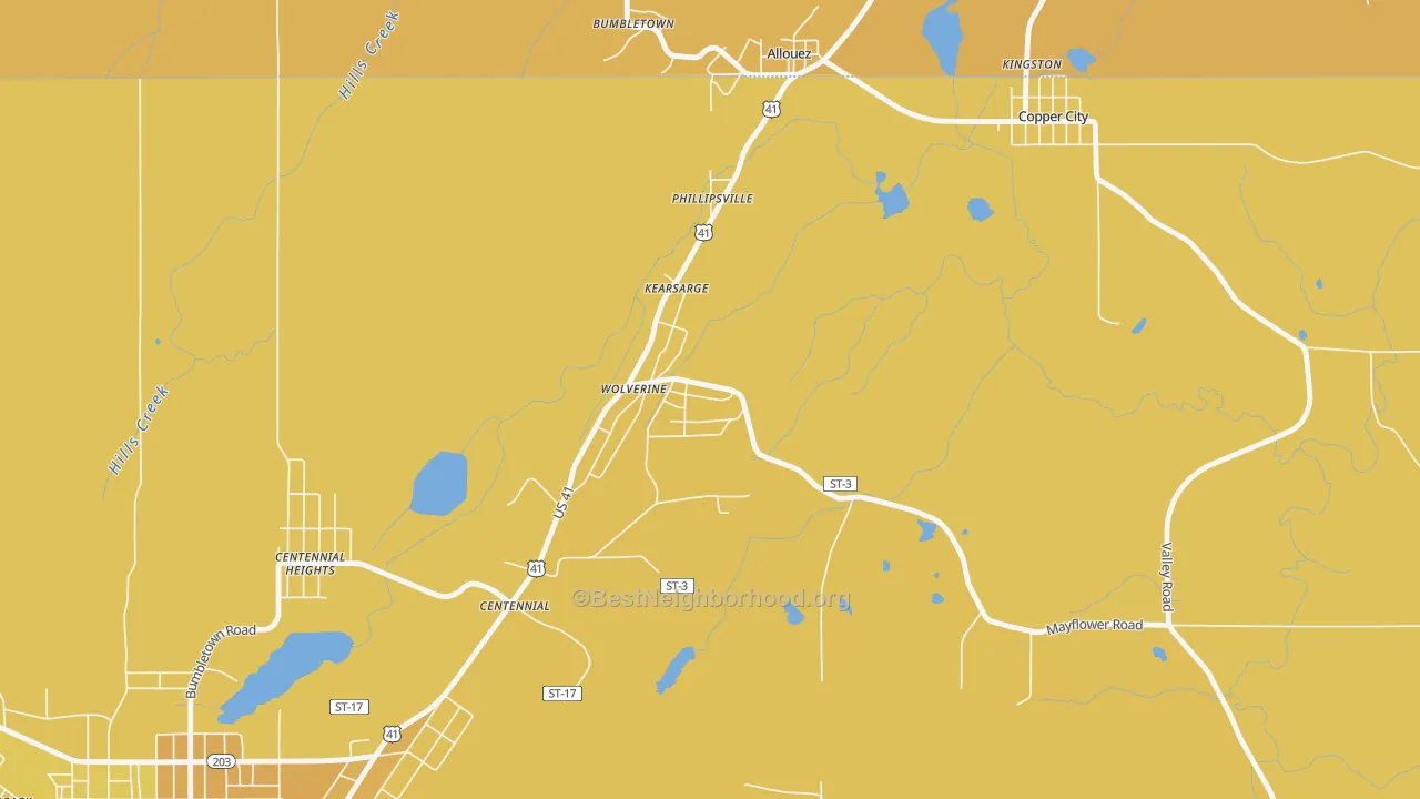 Map of the best neighborhoods in the 49942 area, with better matches in green and worse matches in red