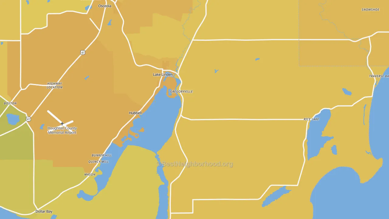 Map of the best neighborhoods in the 49945 area, with better matches in green and worse matches in red