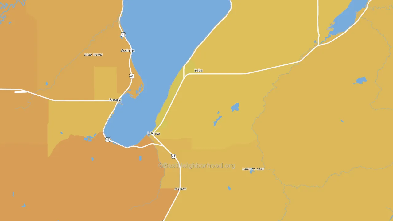 Map of the best neighborhoods in the 49946 area, with better matches in green and worse matches in red