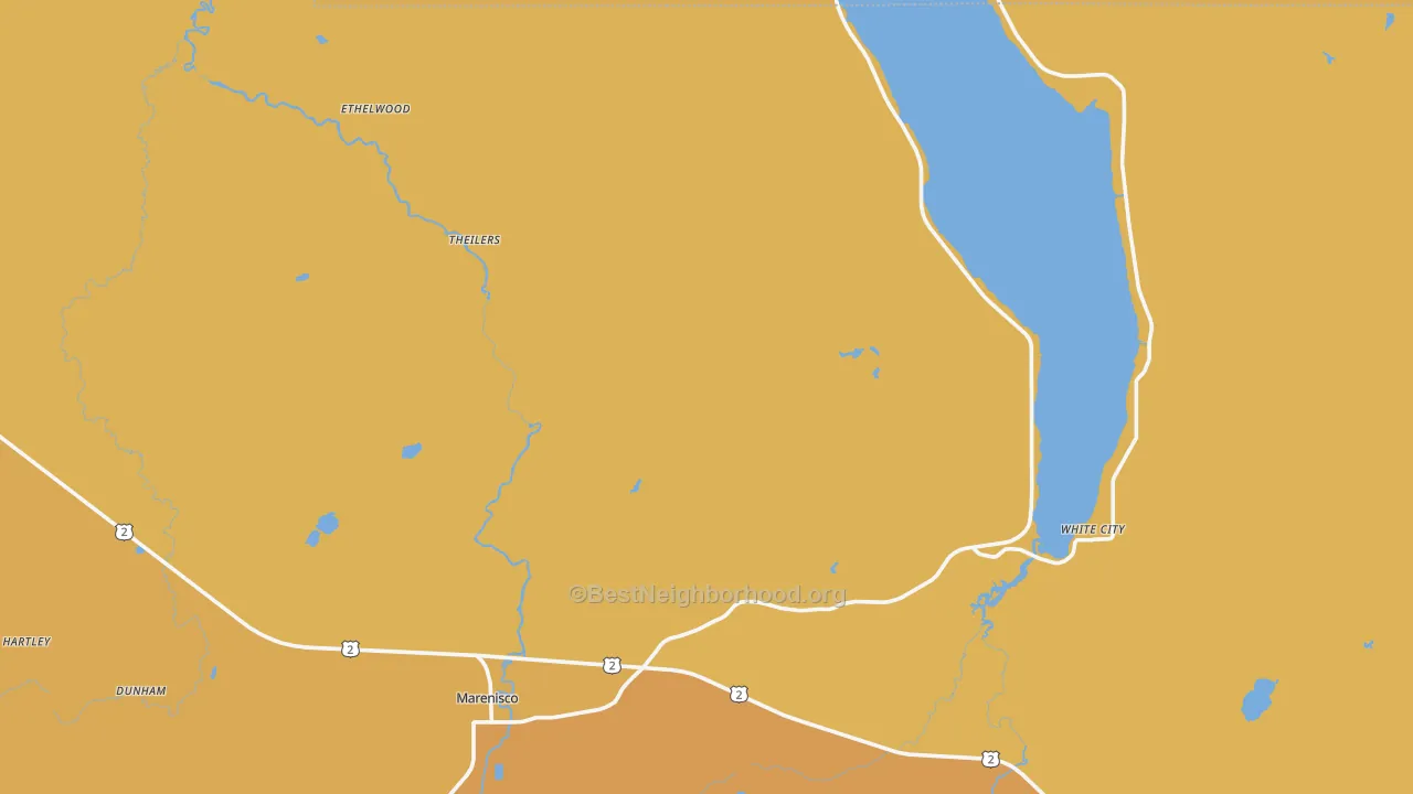 Map of the best neighborhoods in the 49947 area, with better matches in green and worse matches in red