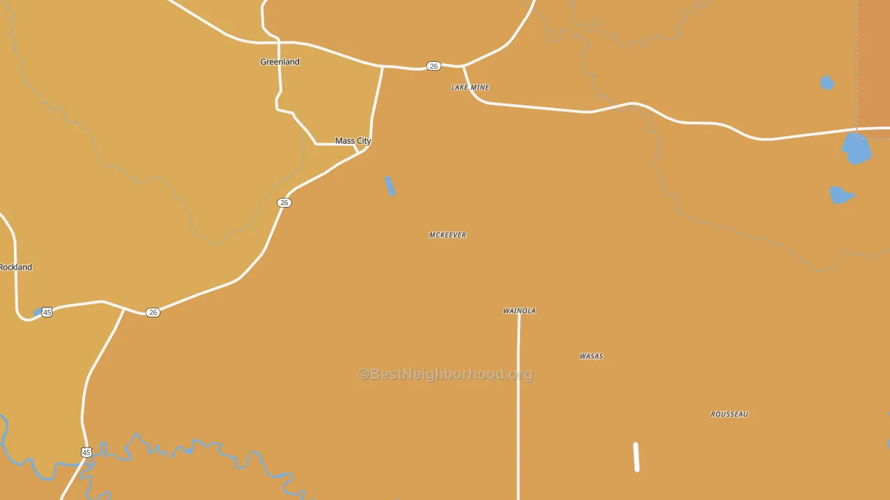 Map of the best neighborhoods in the 49948 area, with better matches in green and worse matches in red