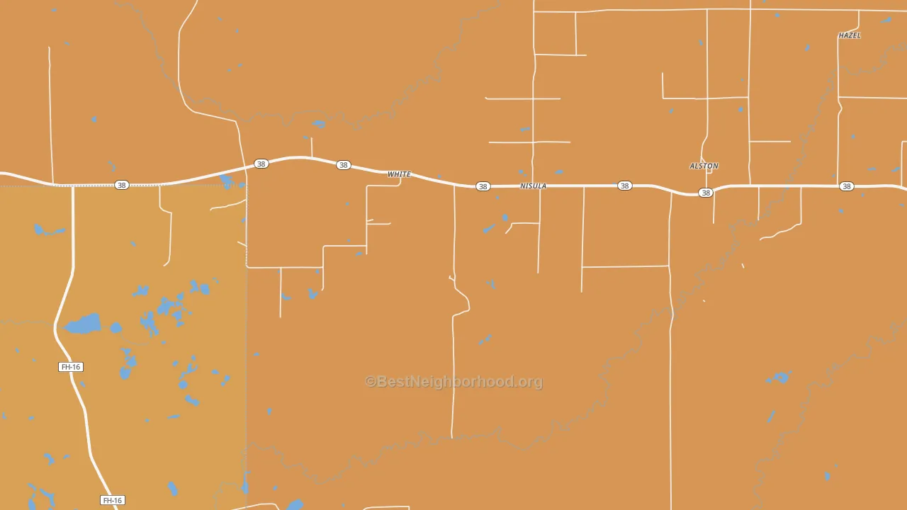 Map of the best neighborhoods in the 49952 area, with better matches in green and worse matches in red