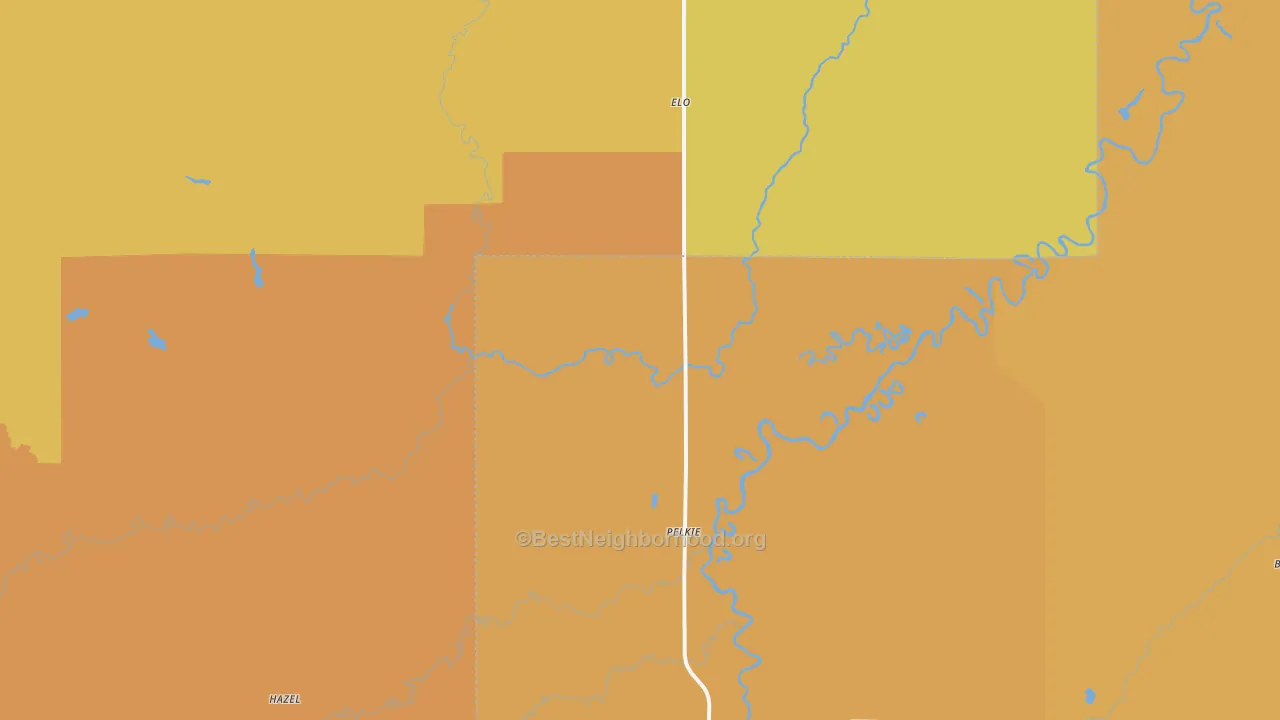 Map of the best neighborhoods in the 49958 area, with better matches in green and worse matches in red