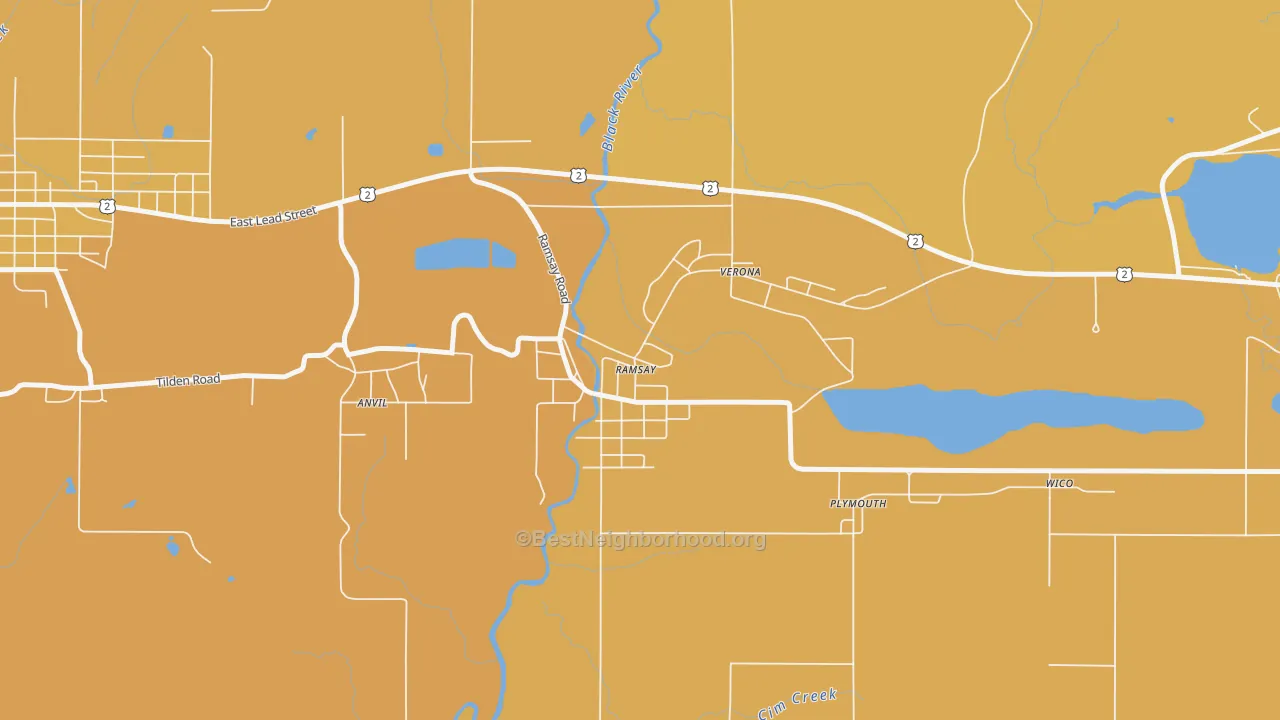 Map of the best neighborhoods in the 49959 area, with better matches in green and worse matches in red