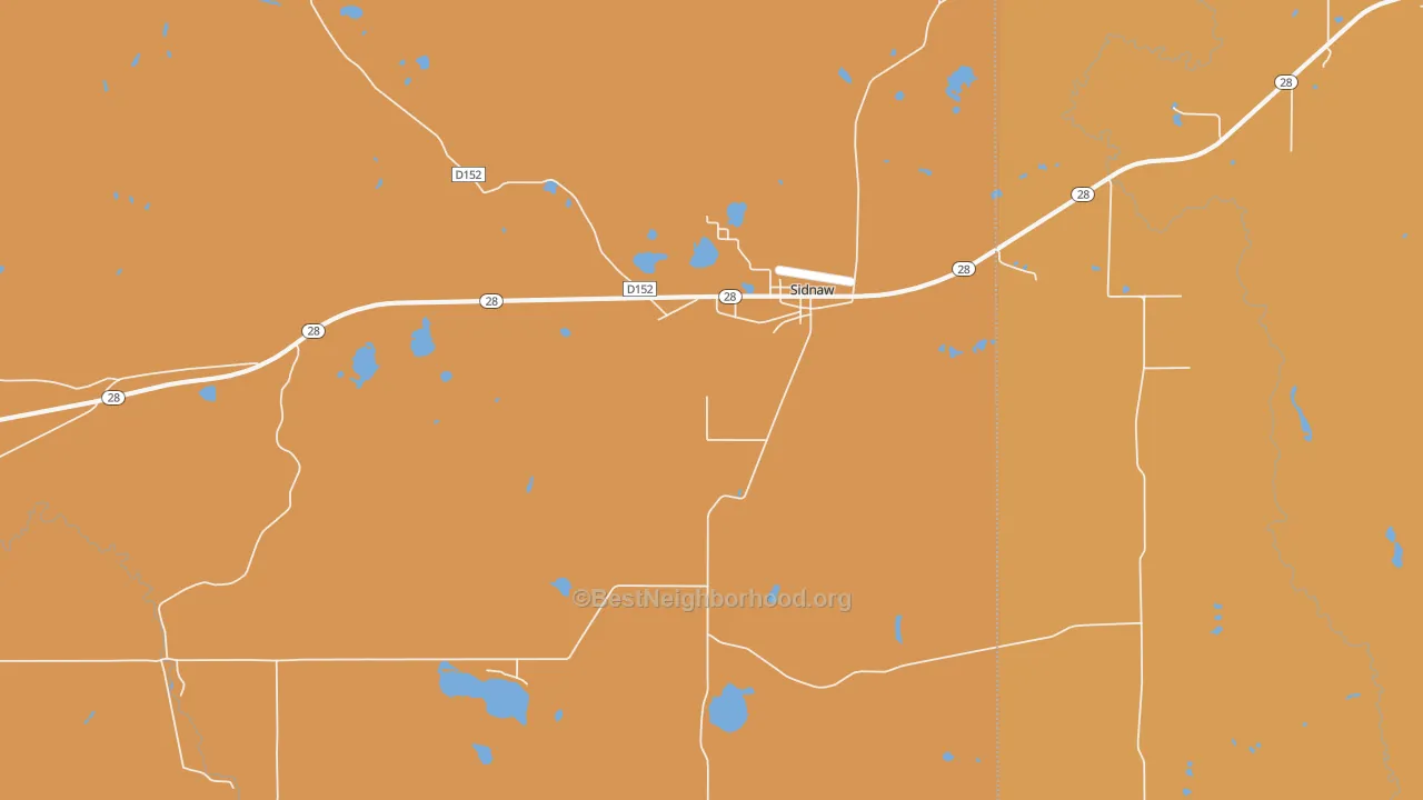 Map of the best neighborhoods in the 49961 area, with better matches in green and worse matches in red