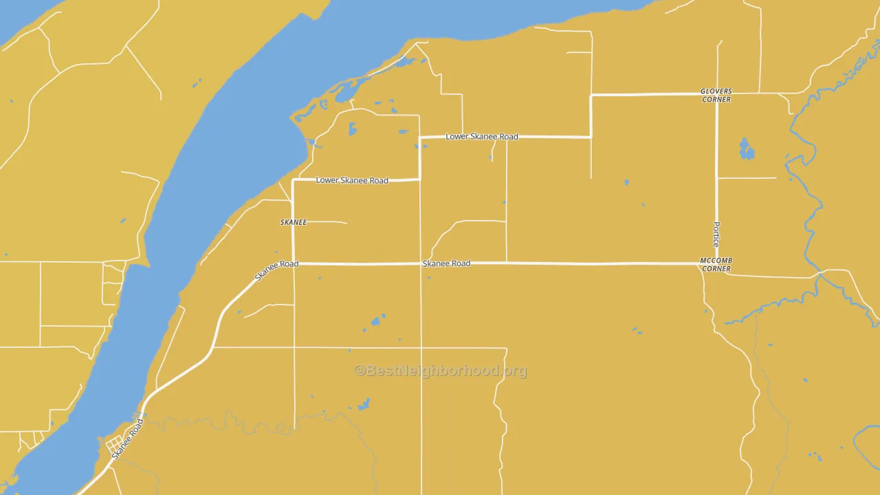 Map of the best neighborhoods in the 49962 area, with better matches in green and worse matches in red