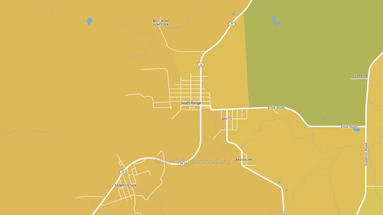 Map of the best neighborhoods in the 49963 area, with better matches in green and worse matches in red