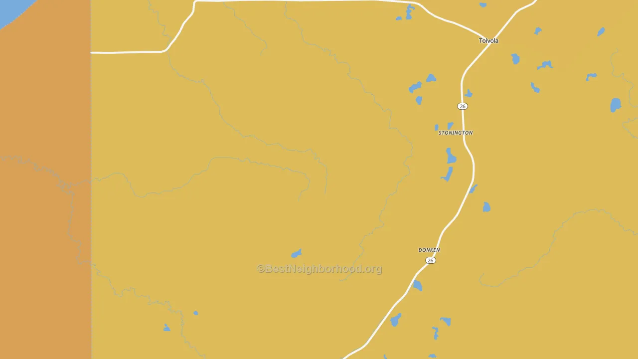 Map of the best neighborhoods in the 49965 area, with better matches in green and worse matches in red