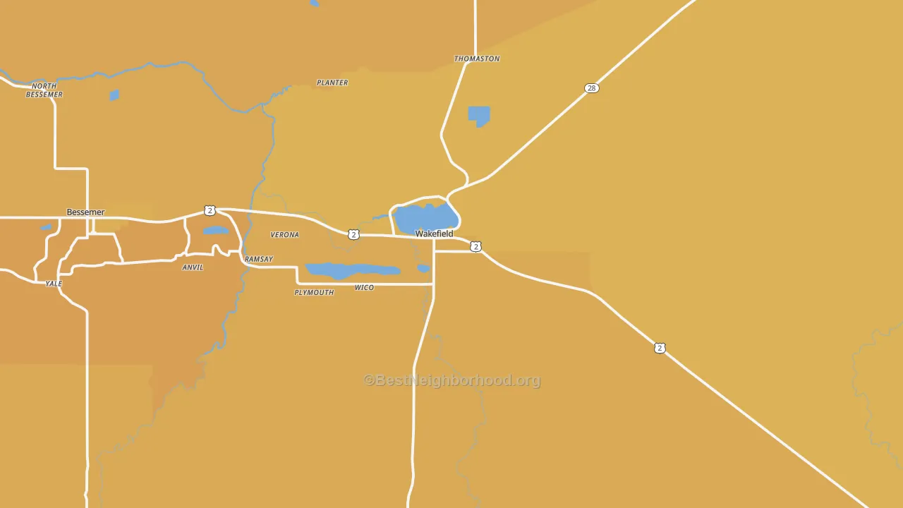 Map of the best neighborhoods in the 49968 area, with better matches in green and worse matches in red