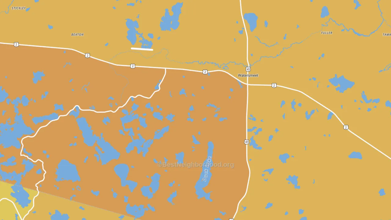 Map of the best neighborhoods in the 49969 area, with better matches in green and worse matches in red