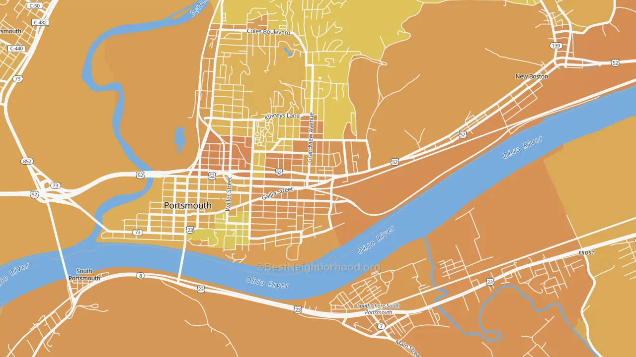 Map of the best neighborhoods in the 4th Ward, Portsmouth area, with better matches in green and worse matches in red