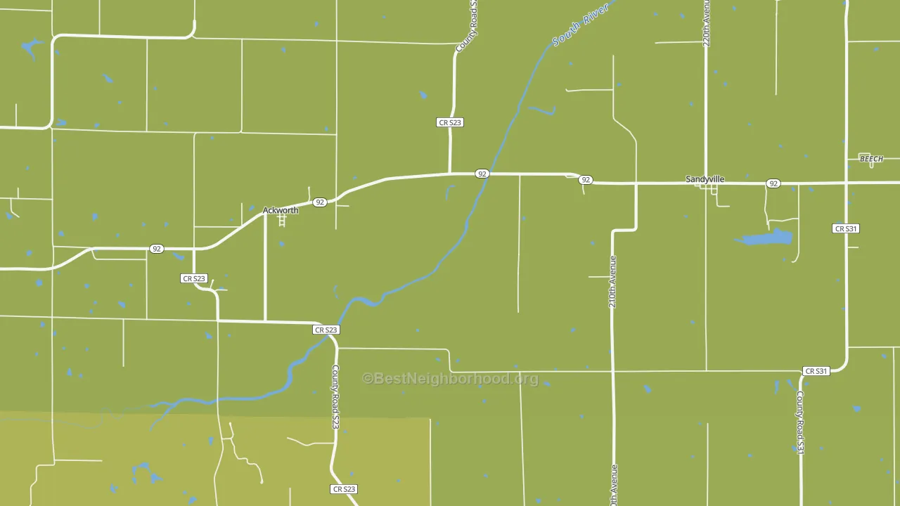 Map of the best neighborhoods in the 50001 area, with better matches in green and worse matches in red