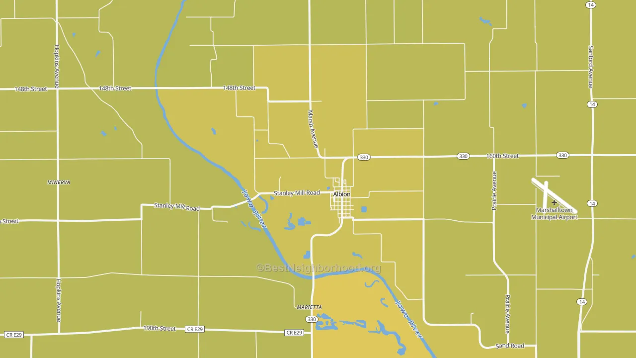 Map of the best neighborhoods in the 50005 area, with better matches in green and worse matches in red