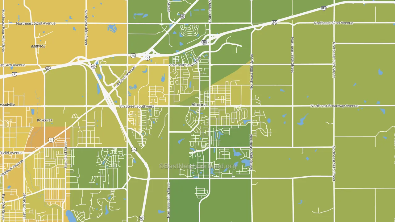 Map of the best neighborhoods in the 50009 area, with better matches in green and worse matches in red