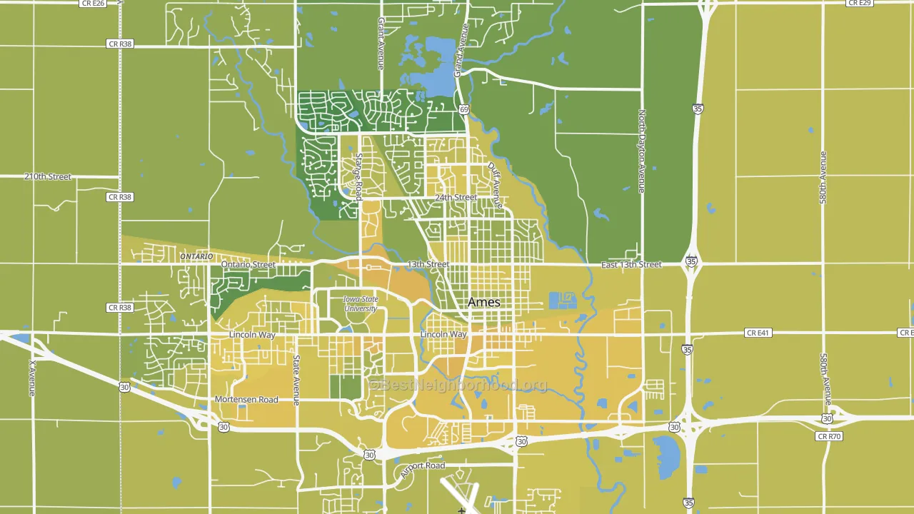 Map of the best neighborhoods in the 50010 area, with better matches in green and worse matches in red