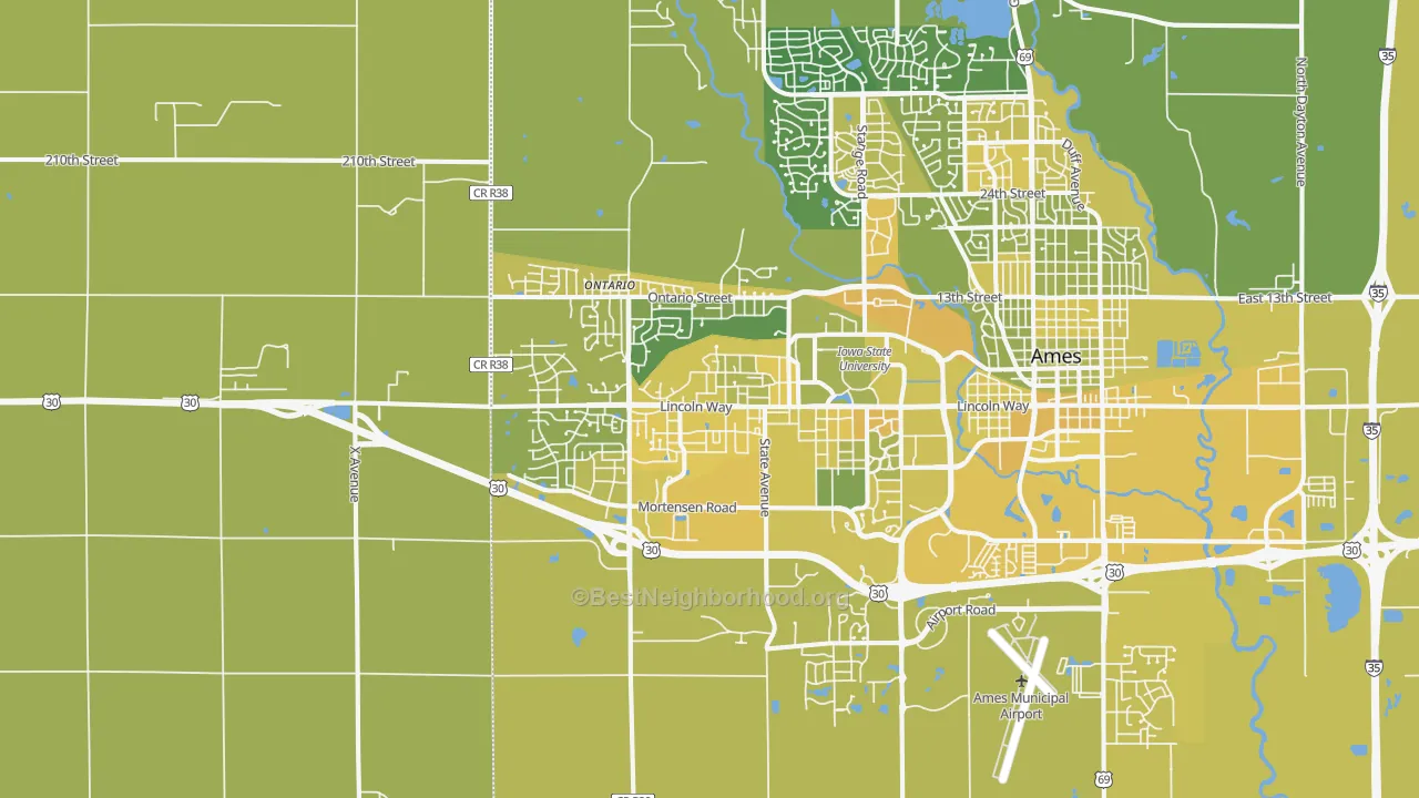 Map of the best neighborhoods in the 50014 area, with better matches in green and worse matches in red