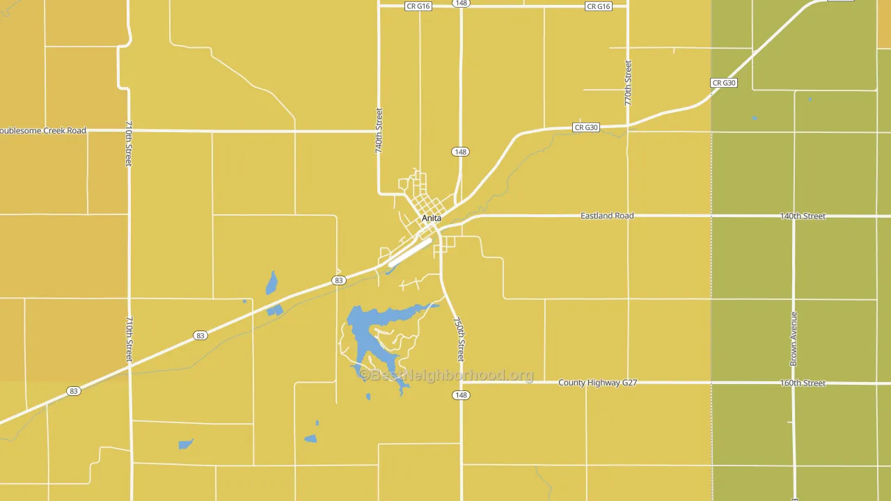 Map of the best neighborhoods in the 50020 area, with better matches in green and worse matches in red