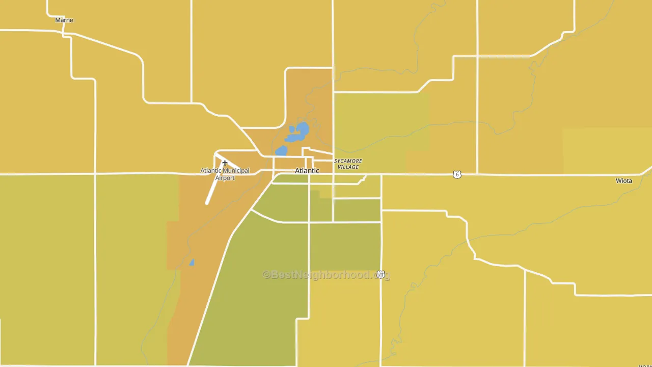 Map of the best neighborhoods in the 50022 area, with better matches in green and worse matches in red