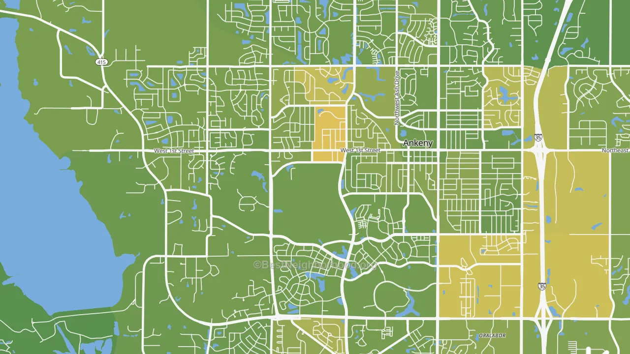 Map of the best neighborhoods in the 50023 area, with better matches in green and worse matches in red