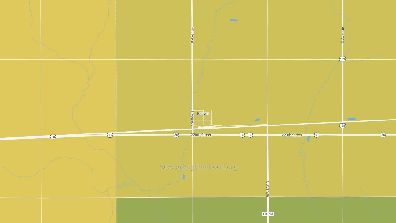 Map of the best neighborhoods in the 50031 area, with better matches in green and worse matches in red