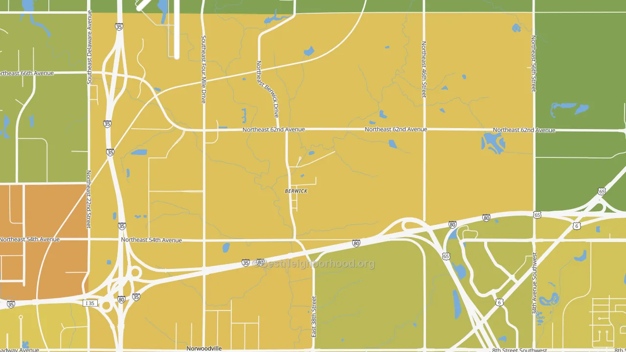 Map of the best neighborhoods in the 50032 area, with better matches in green and worse matches in red
