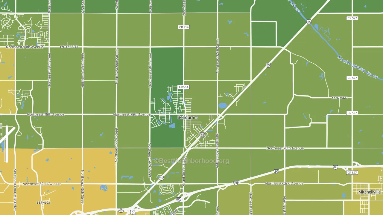 Map of the best neighborhoods in the 50035 area, with better matches in green and worse matches in red